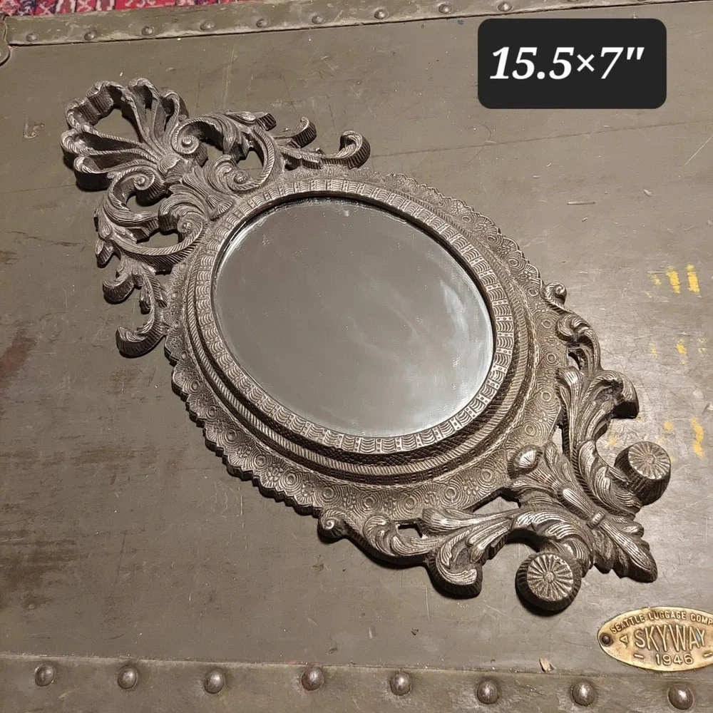 Vintage Ornate Baroque Oval Wall Mirror Antique Silver Cast Metal Scroll 15.5x7